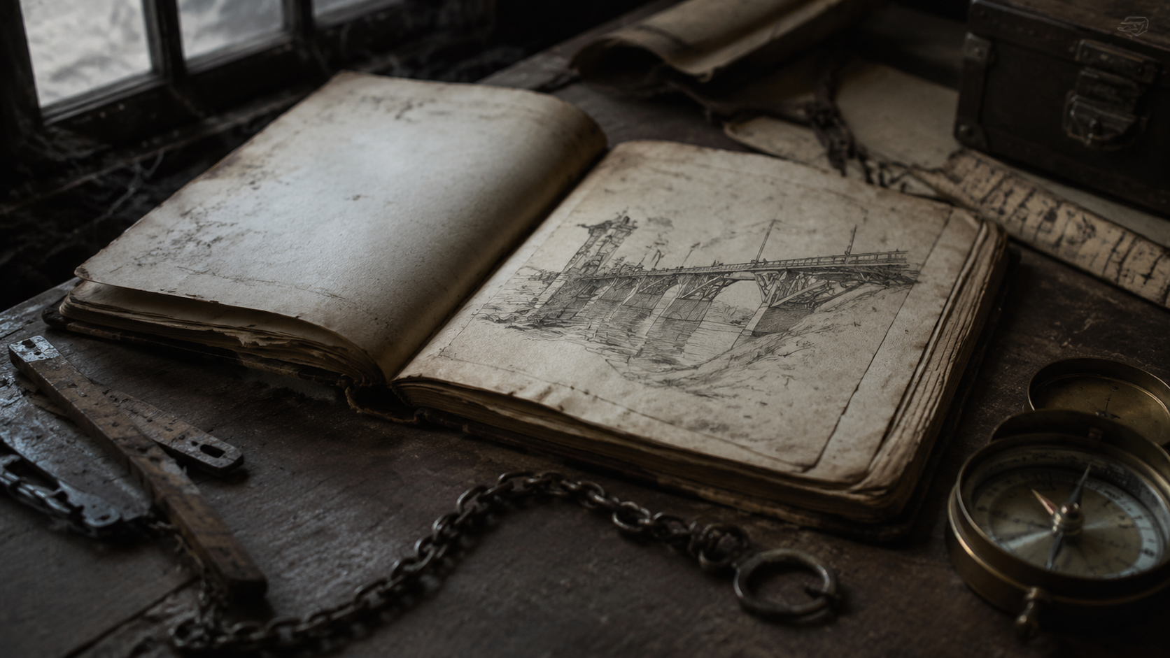 Old survey notebook open on archive table