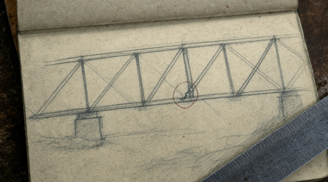 Pencil bridge sketch with circled damage mark