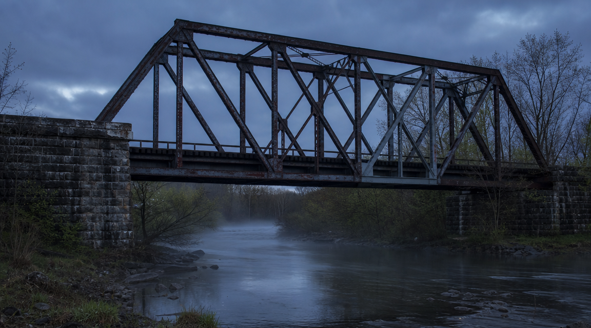 Old railway bridge fading into creek fog FACEBOOK ANGLE: A railway notebook from 1886 appears to show a bridge that was not built until 1889, including a small accident mark from a later derailment. FACEBOOK VISUAL MOMENT: The close-up of the penciled bridge sketch with a circled damage mark that matches the later repair location. FACEBOOK SHORT SUMMARY: The Ashton Creek survey notebook was supposed to be a routine railway field record, but it seems to describe a bridge three years before construction began. Its most troubling detail is a small mark that appears to match the site of a documented accident after the bridge was already in use.