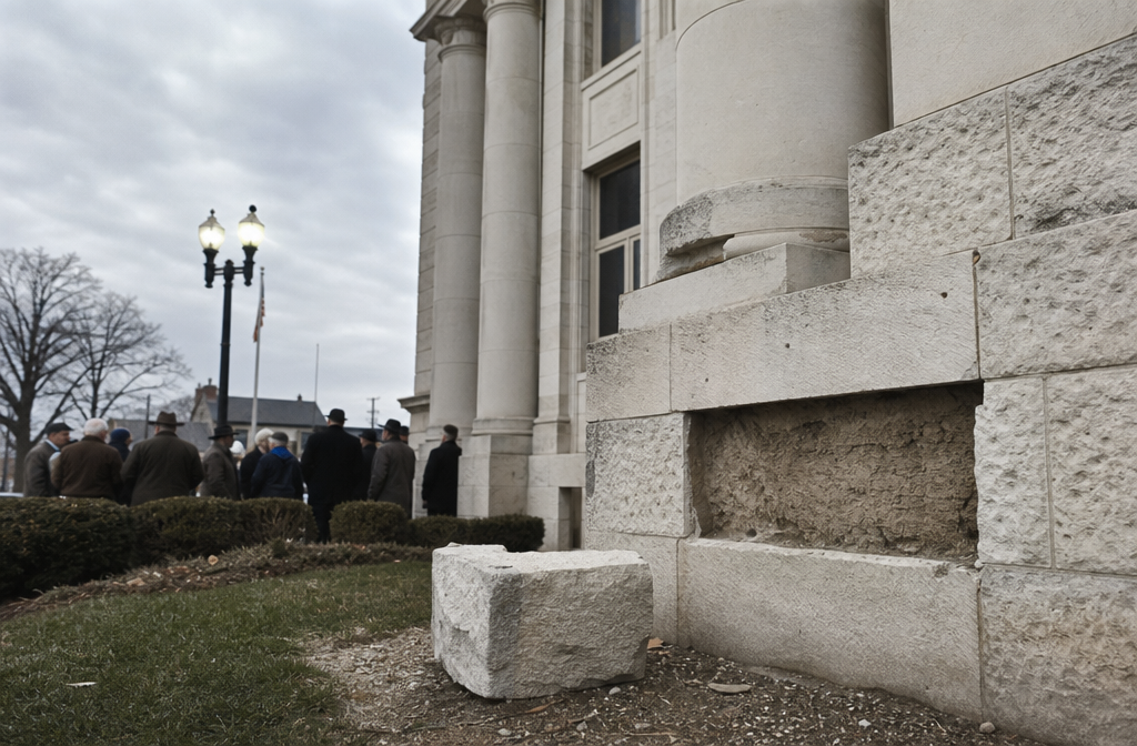 Old courthouse with opened cornerstone