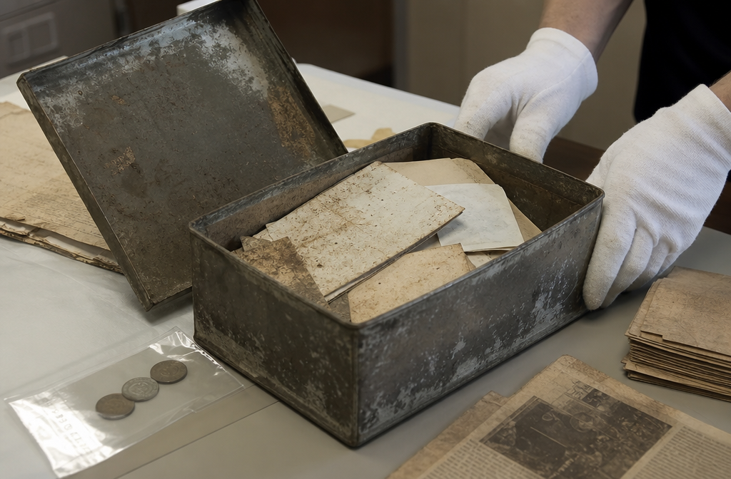 Opened time capsule on archive table