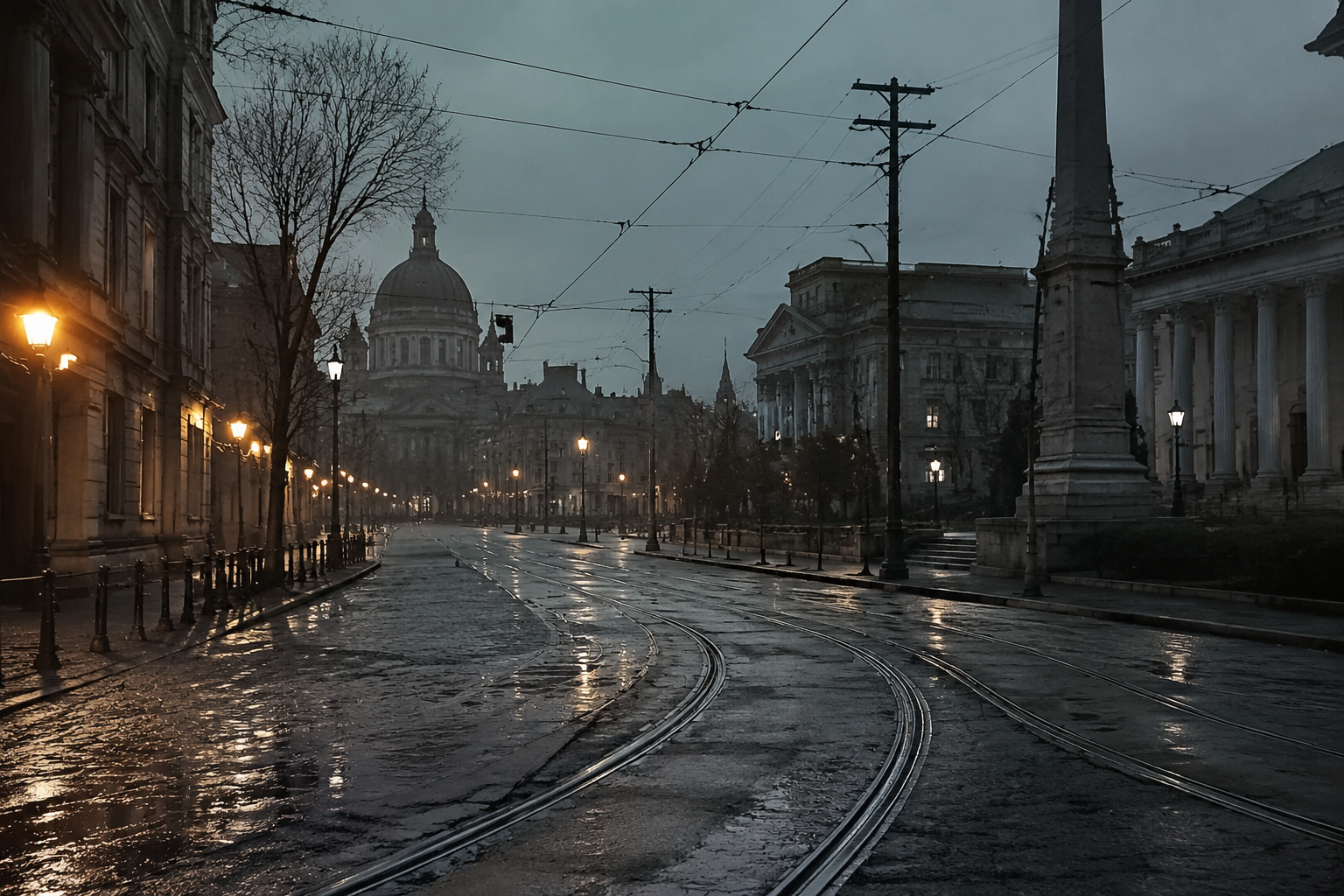 Streetcar tracks near old civic buildings
