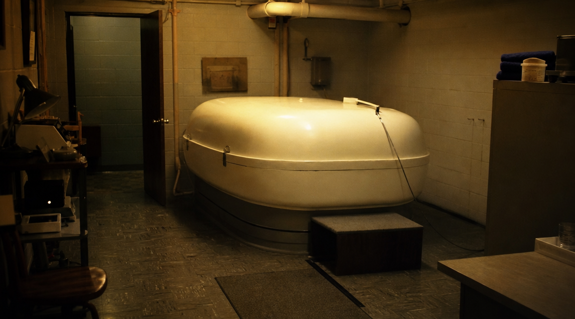 Dim 1970s sensory deprivation tank room