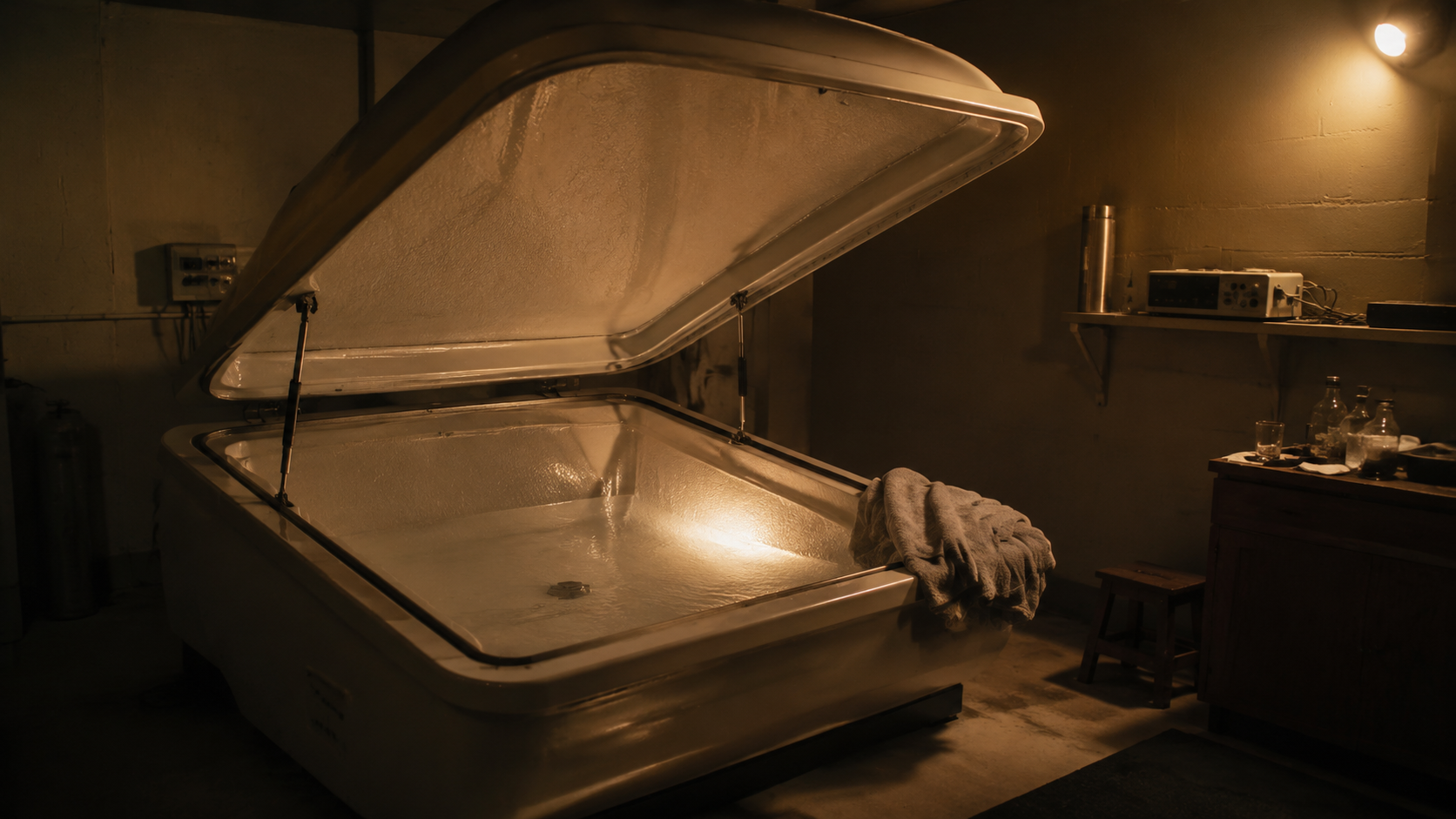 Empty isolation tank after the experiment FACEBOOK ANGLE: Separate students reportedly emerged from a 1970s sensory-deprivation tank experiment and wrote the same ordinary word in their notes: “orchard.” FACEBOOK VISUAL MOMENT: A stack of damp-edged handwritten notes on a lab desk after the tank sessions, with the repeated word implied but not shown as readable text. FACEBOOK SHORT SUMMARY: A university isolation-tank experiment from the 1970s reportedly produced a strange pattern: multiple participants, kept separate, wrote the word “orchard” after their sessions. The article treats the case cautiously, weighing coincidence, suggestion, contamination, and the unresolved problem of independent notes.