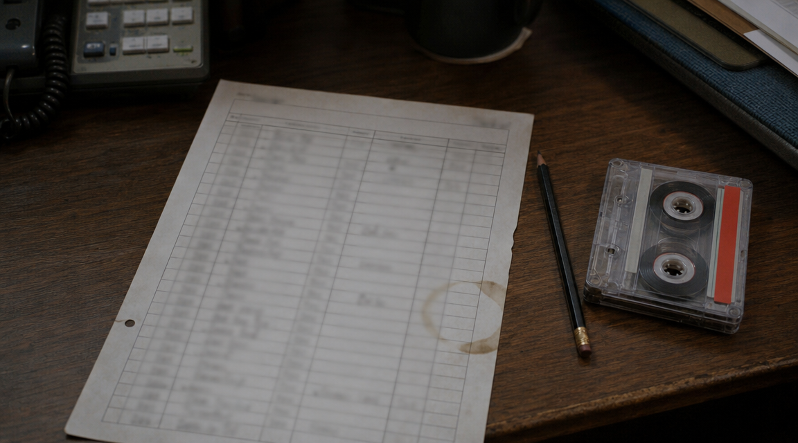 Call log sheet beside an audio cassette