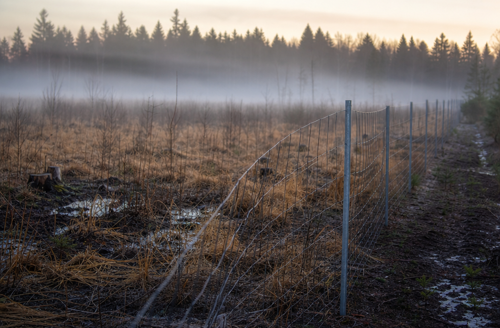 A bent deer-exclusion fence beside an alder cutover with muddy ground inside the protected plot.