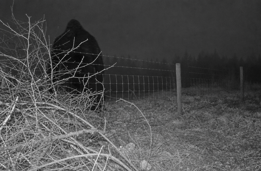 A broad dark figure partly hidden behind an alder brush pile near a deer fence at night.