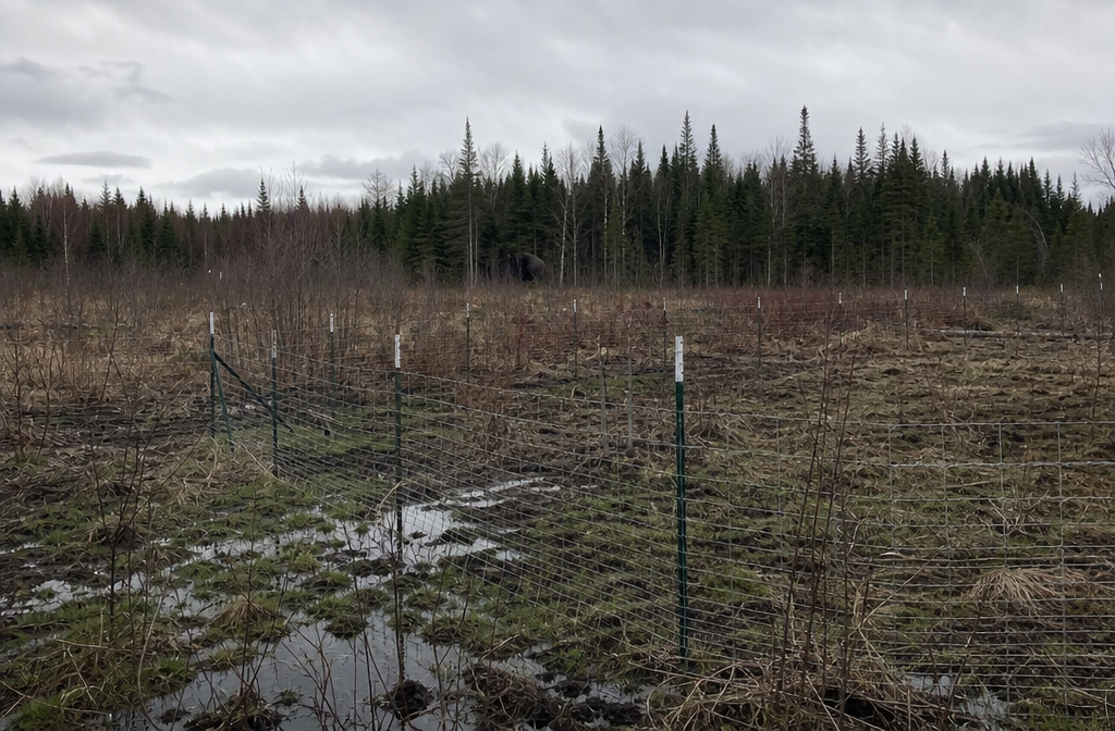 A remote alder cutover with an inward-bent deer fence and a barely visible dark shape behind brush.