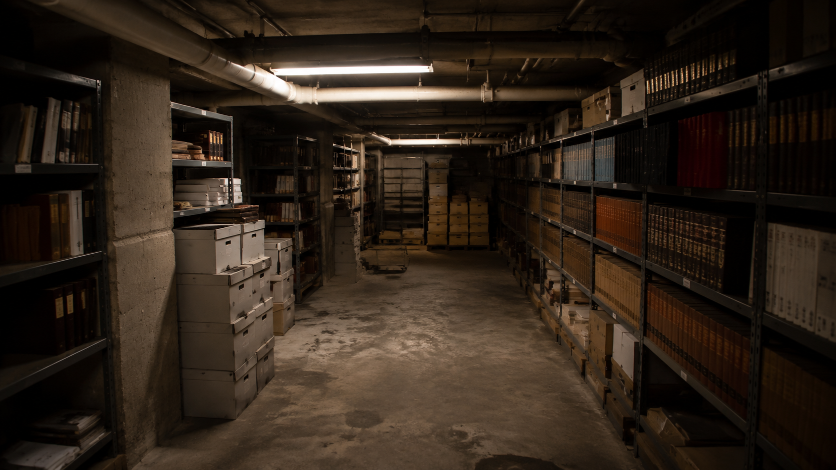 Dim basement storage room beneath an old library with shelves and archival boxes.