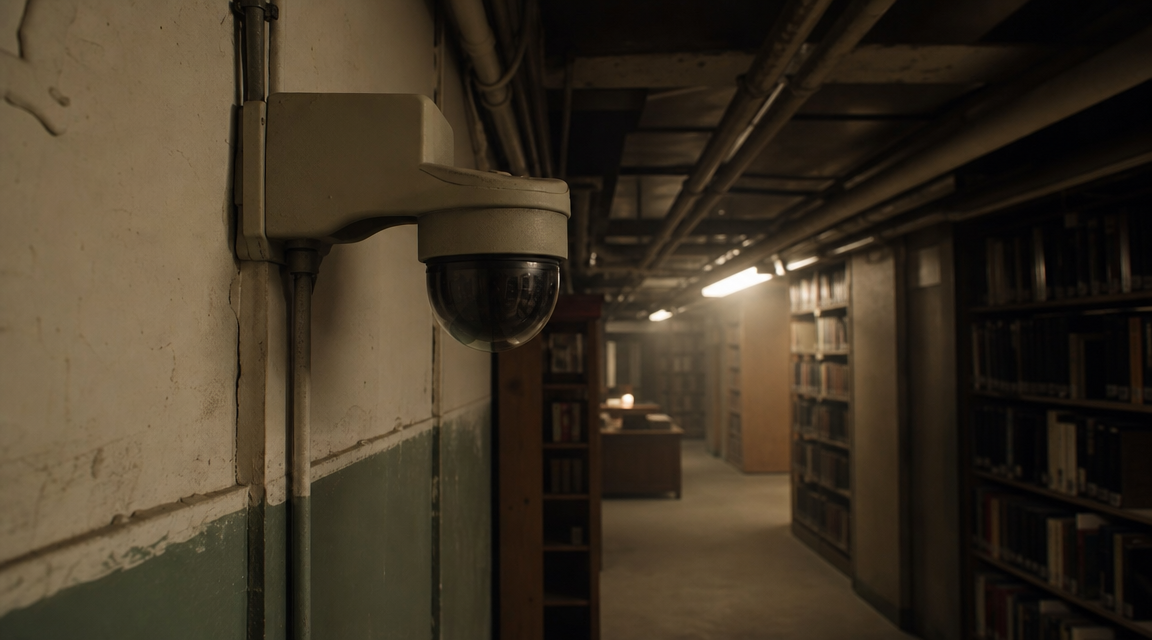 Security camera mounted in a dusty library basement corridor.