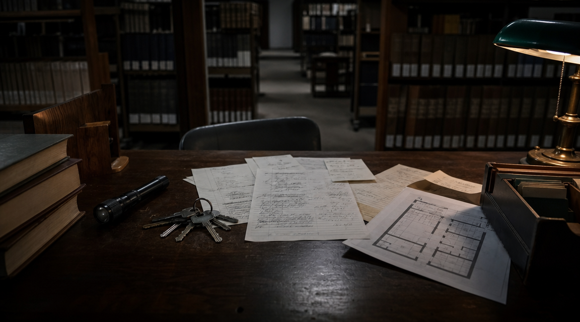 Desk with basement floor plan, flashlight, keys, and incident notes.