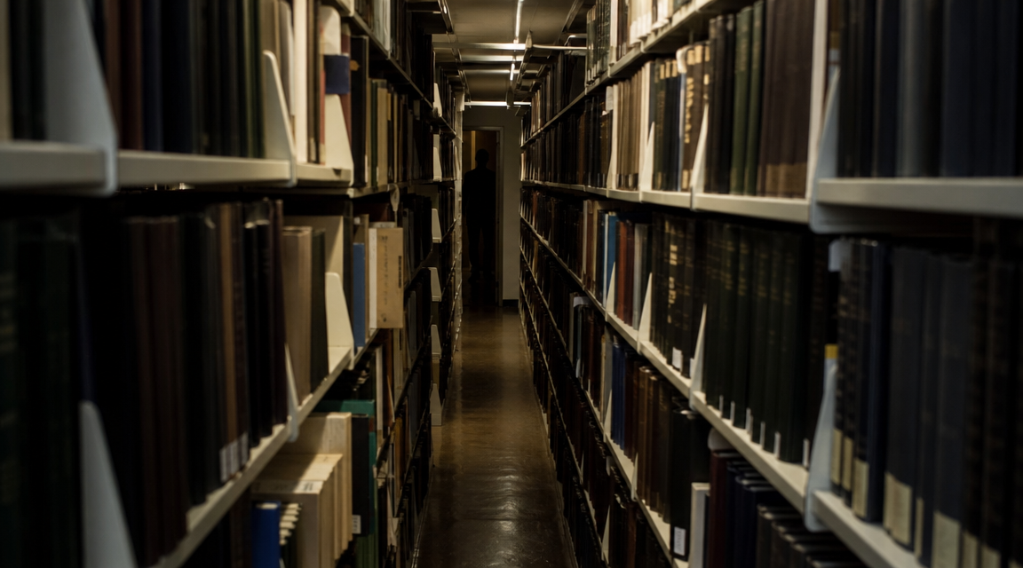 Narrow basement shelf aisle with a subtle dark figure shape at the far end.