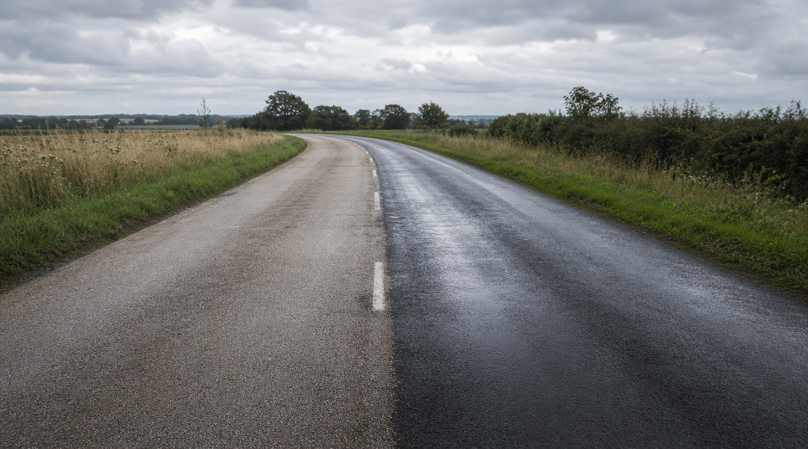 A rural road with one wet lane and one dry lane after a narrow rainfall.