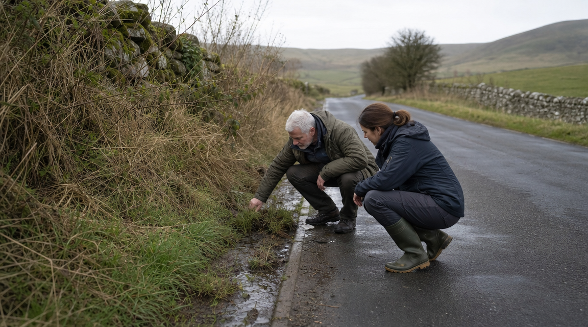 Inspectors examine the shoulder beside a rural road after a reported lane-only rain.