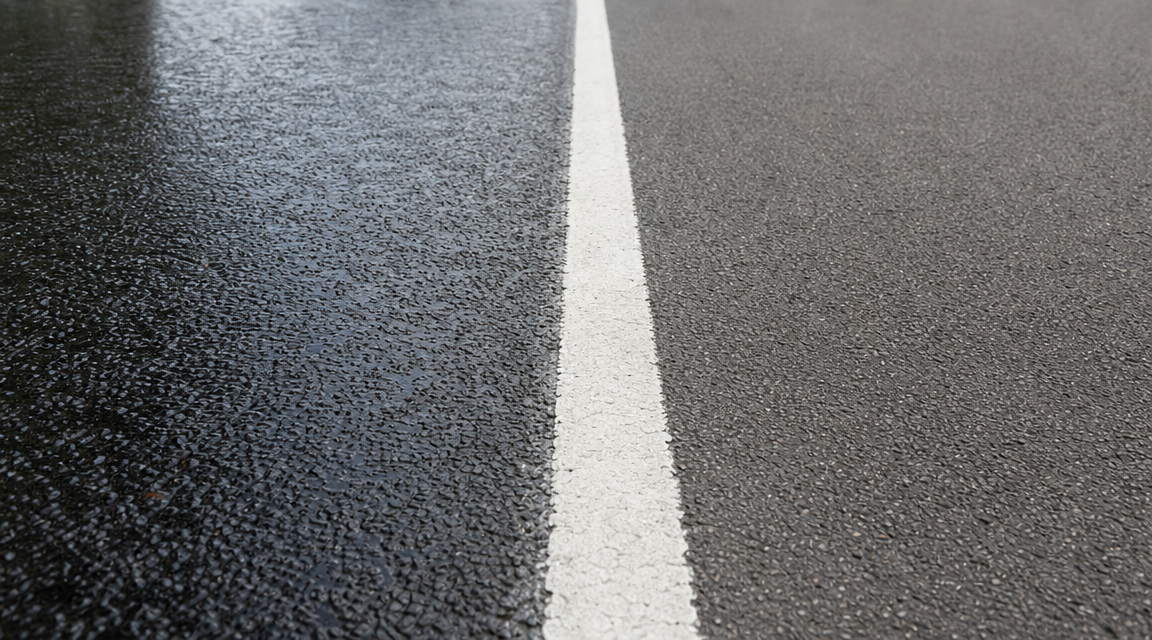 A close detail of wet asphalt ending sharply beside dry pavement.