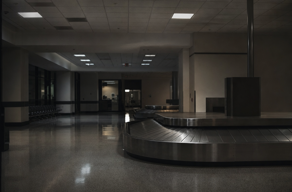 Empty regional airport baggage claim hall after hours.
