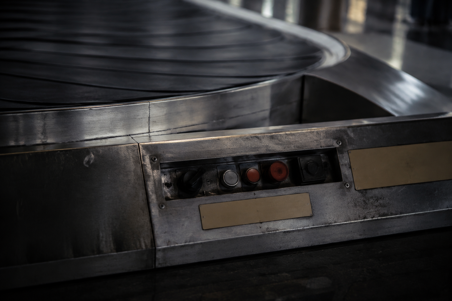 Close view of a baggage carousel control panel and belt.