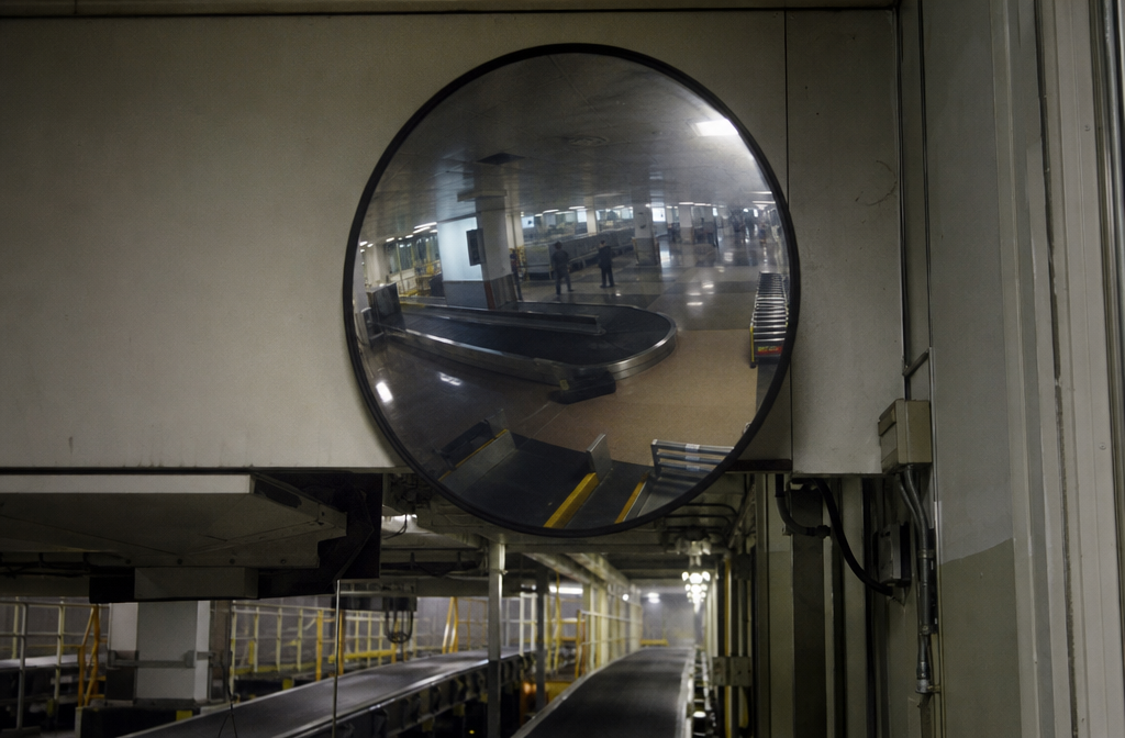 Convex inspection mirror reflecting a dim baggage claim area.