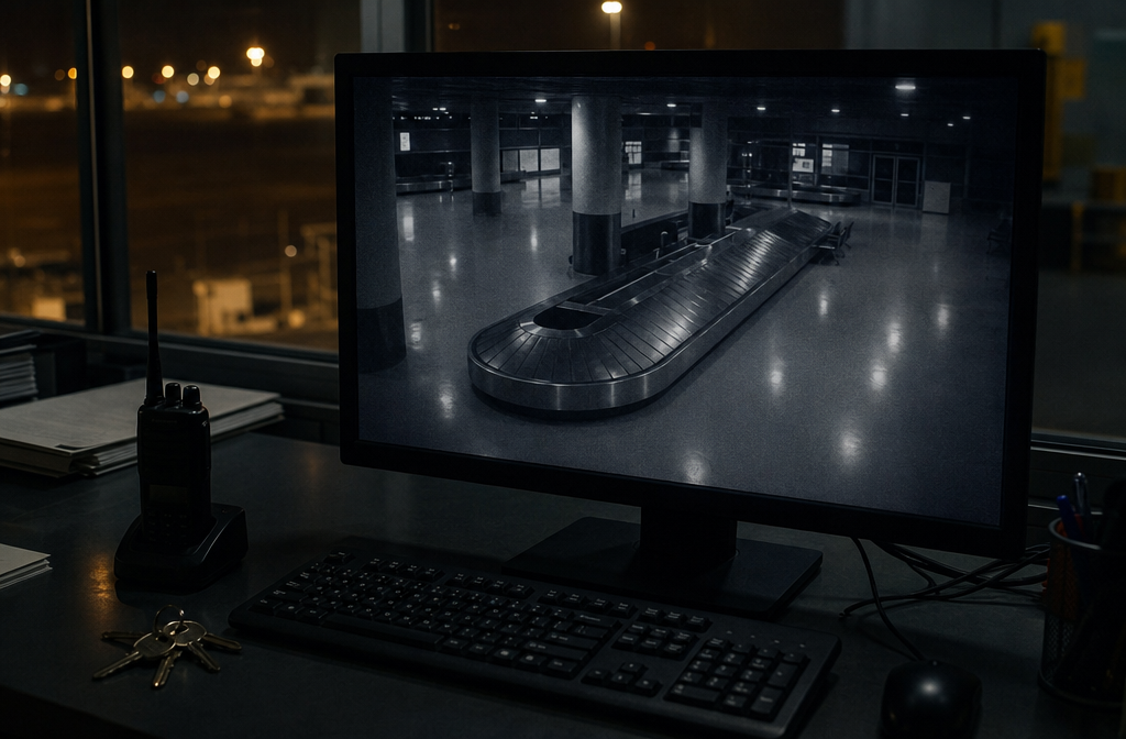 Security monitor showing an empty baggage claim camera feed.