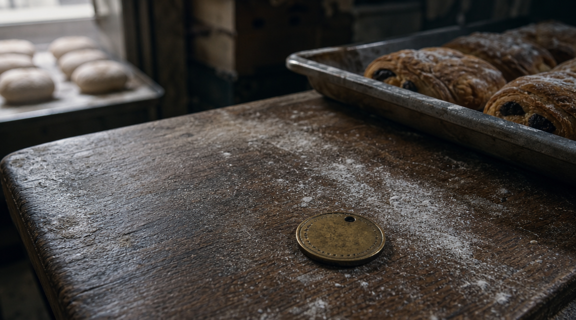 A worn brass token on a bakery counter