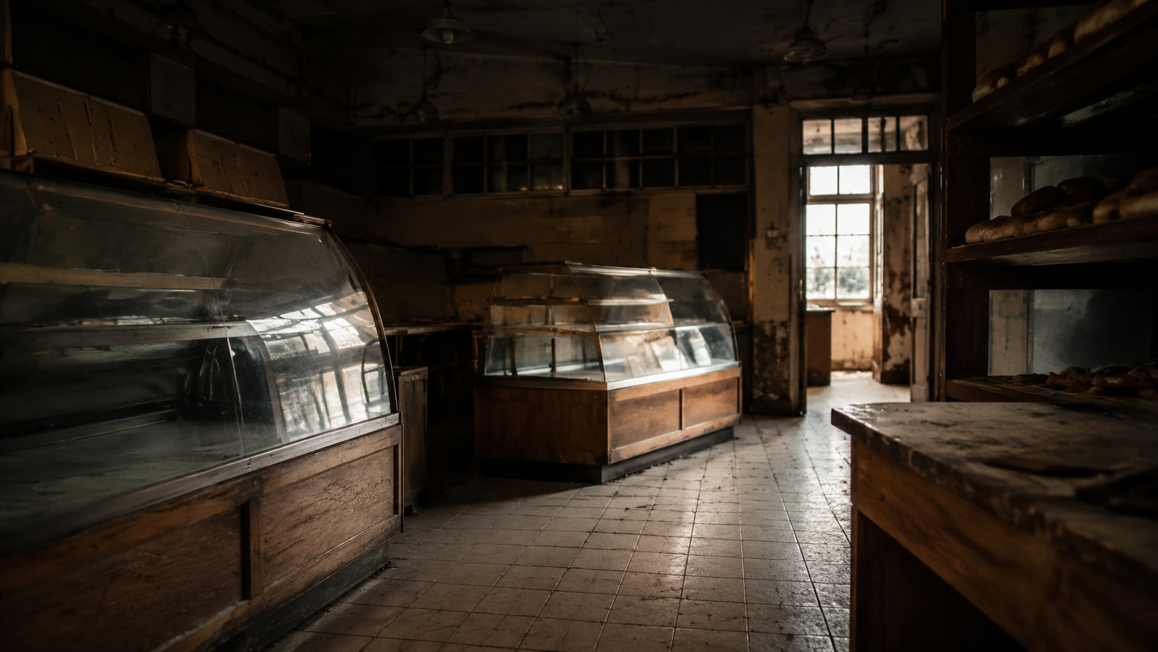 An abandoned bakery with empty display cases