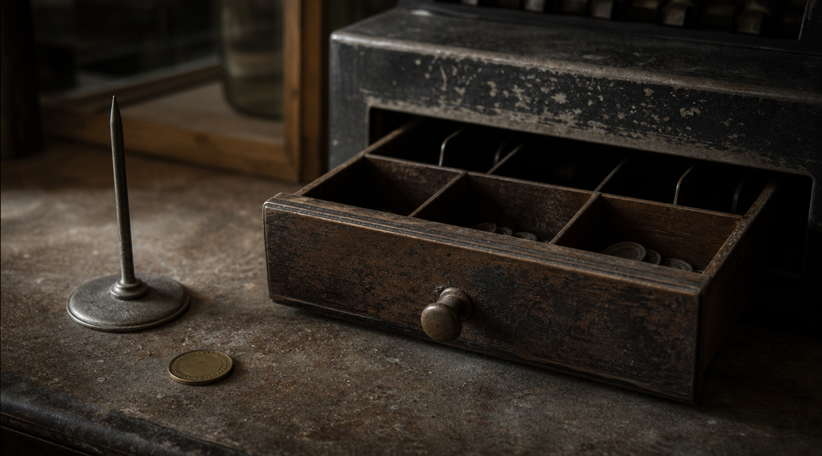 A cash drawer beside an unmatched token