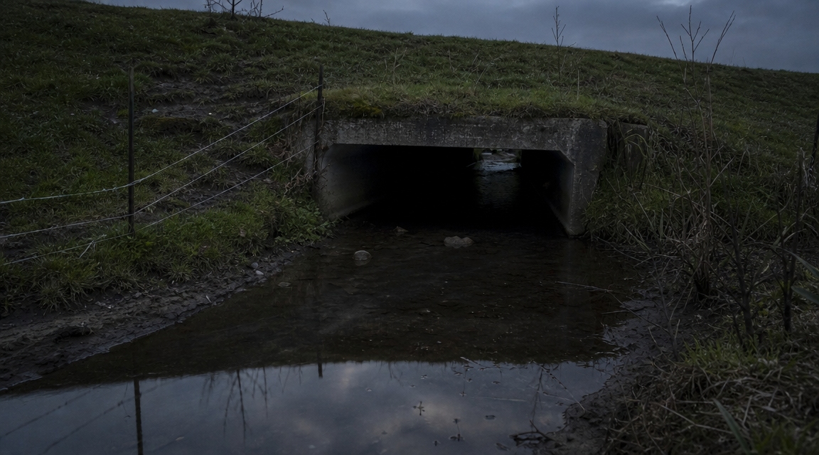 Bellmoor Creek culvert at dusk with rusted fence wire