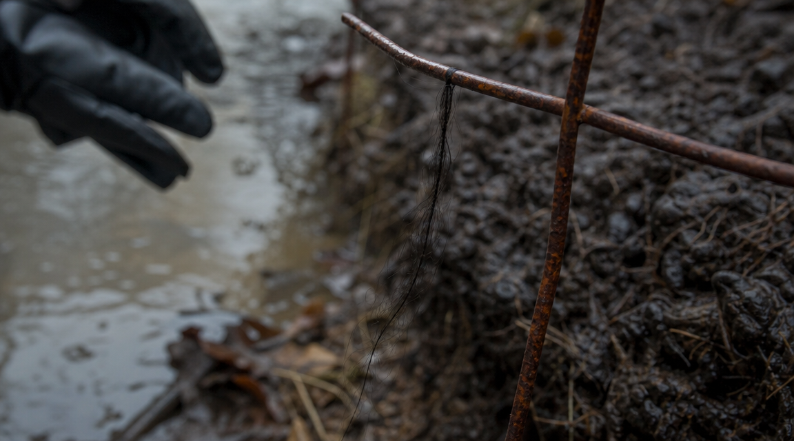 Long coarse hair snagged on rusted fence wire