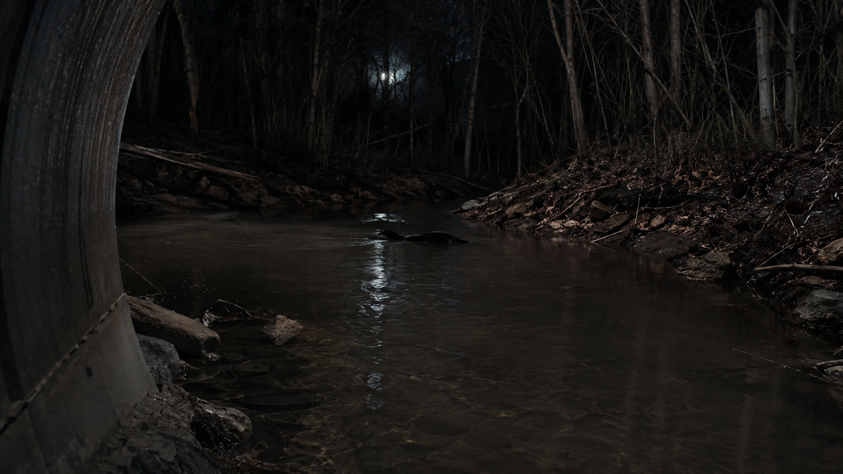Low dark shape crossing shallow creek water