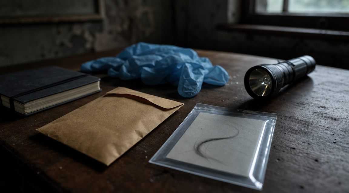 Hair sample sleeve on an evidence table
