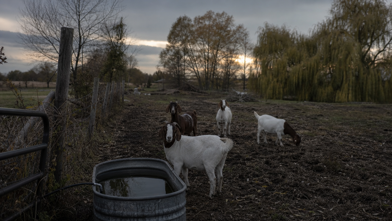 Goat pasture trough at gray dawn near willow trees
