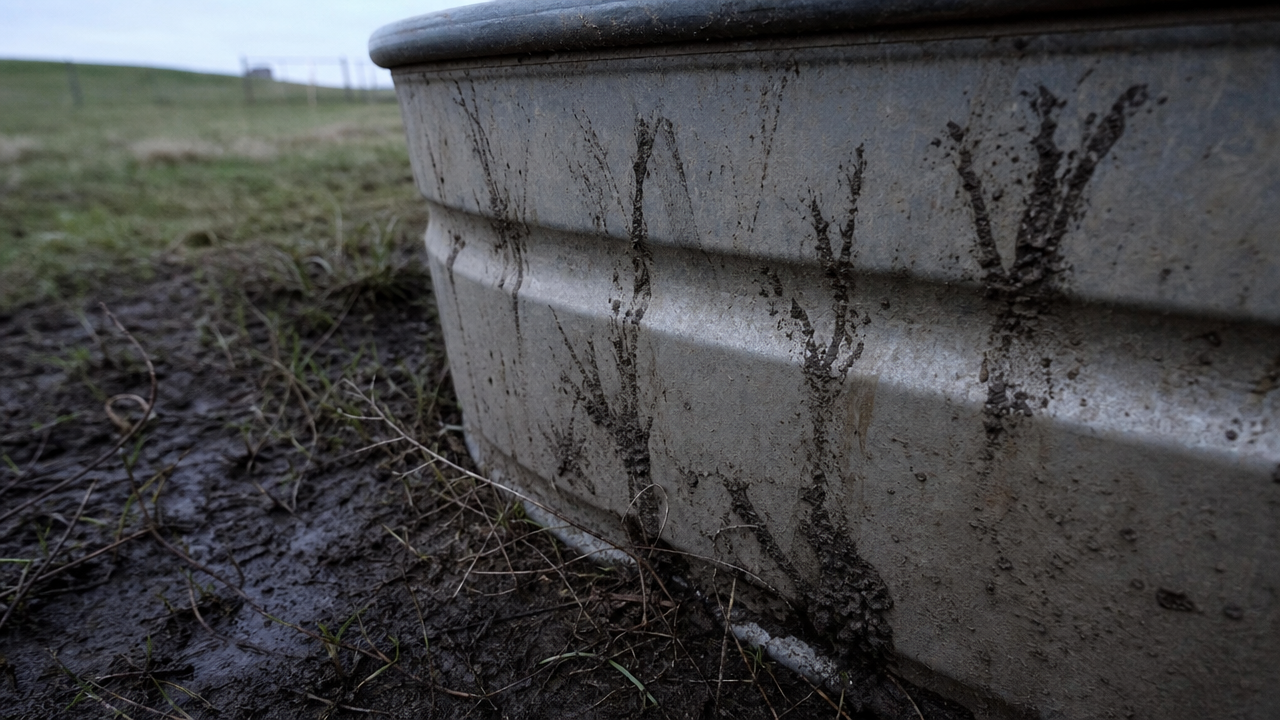 Three-toed mud marks on metal water trough