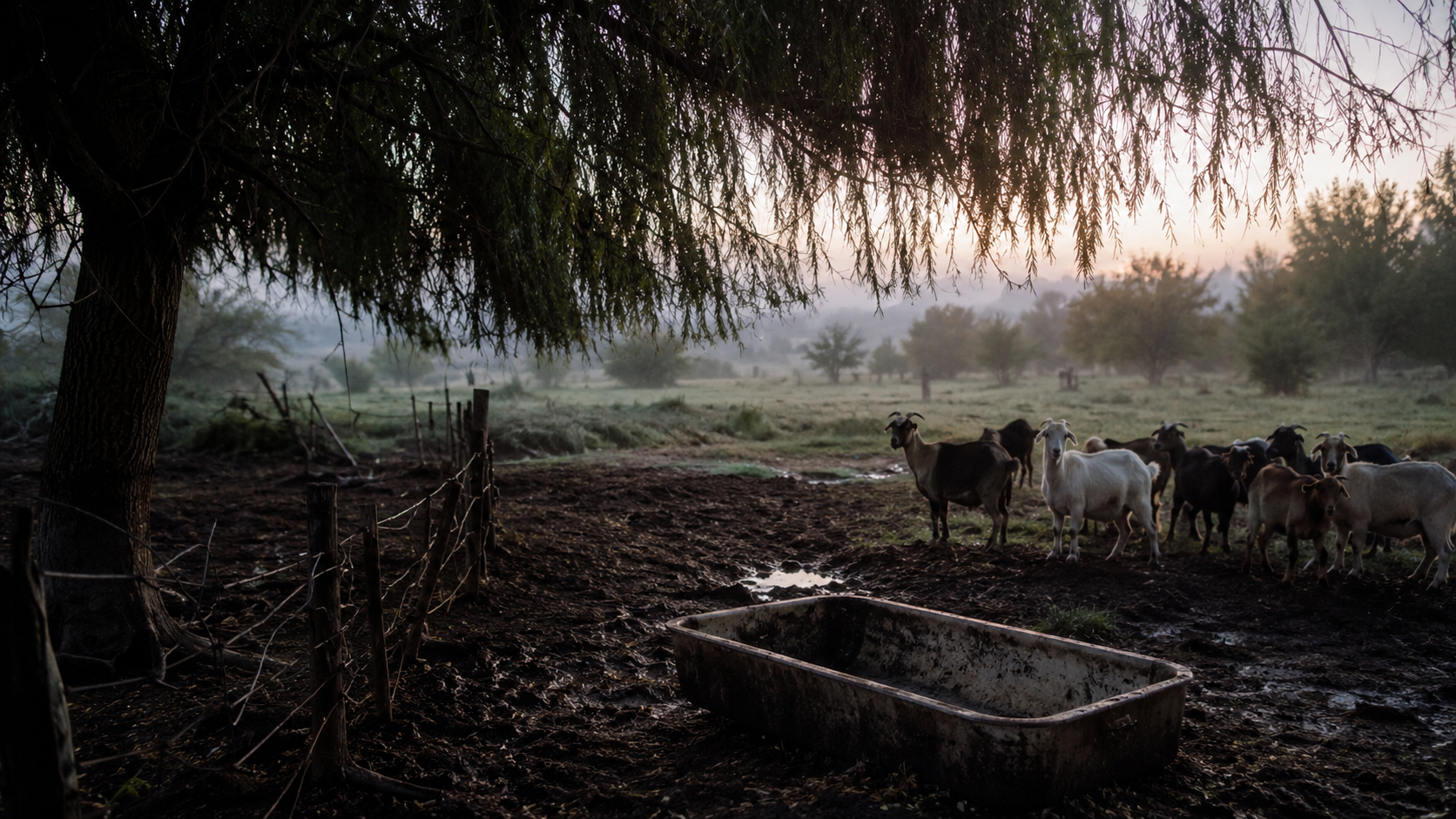Goats standing away from empty muddy trough