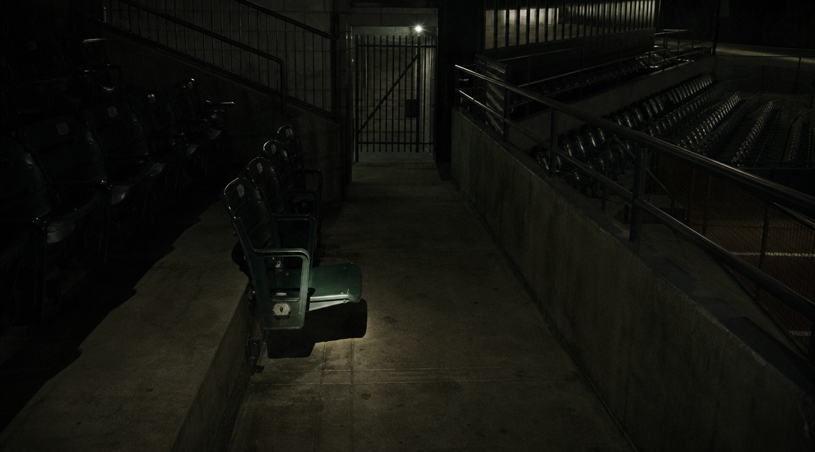 Night bleacher aisle with lowered seat