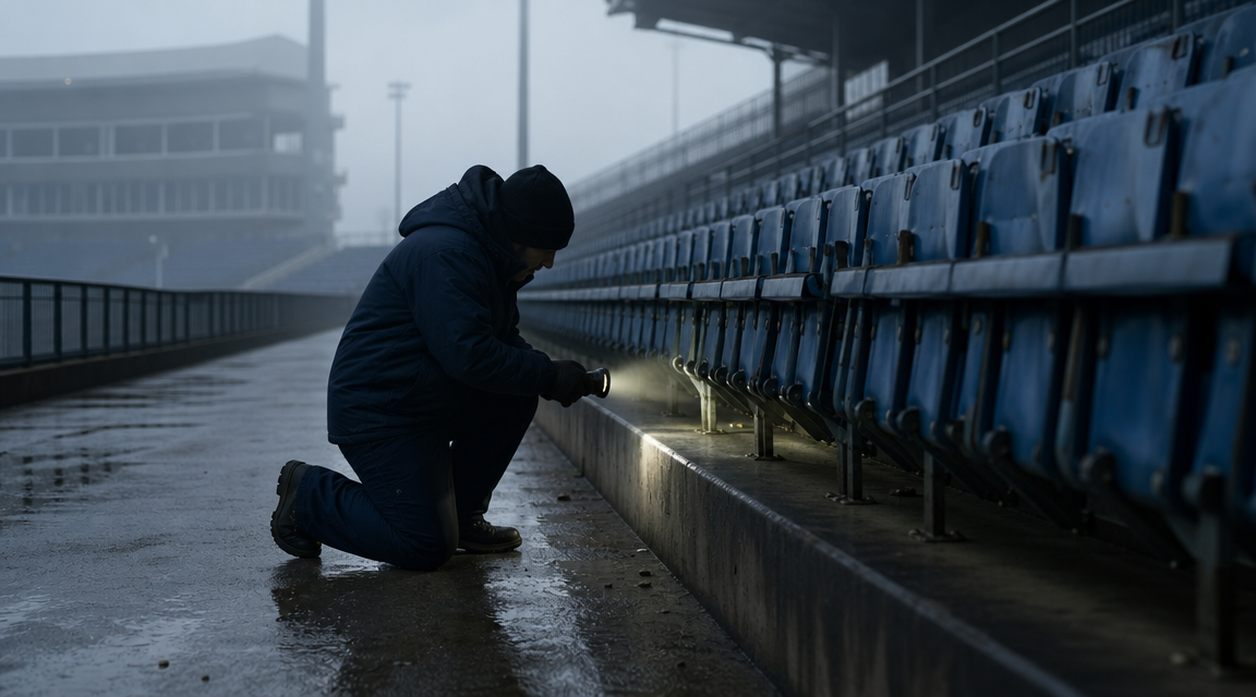 Worker inspecting empty stadium seats FACEBOOK ANGLE: A closed small-town stadium had one seat that staff kept finding folded down each morning, even after locks, cameras, and weather checks suggested nobody had touched it. FACEBOOK VISUAL MOMENT: The wide shot of empty bleachers at dawn, every seat upright except Seat 17 lowered like someone had just stood up and walked away. FACEBOOK SHORT SUMMARY: Seat 17 in an aging grandstand became a local Weird Events story after stadium staff repeatedly found it folded down when the rest of the bleachers stayed untouched. The reports stayed grounded in maintenance logs, camera checks, and ordinary explanations, but the timing and consistency of the movement left one seat feeling far less ordinary than it should have.