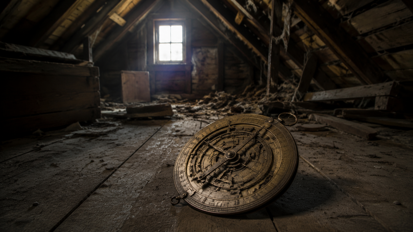 Brass astrolabe-like instrument on dusty attic floor