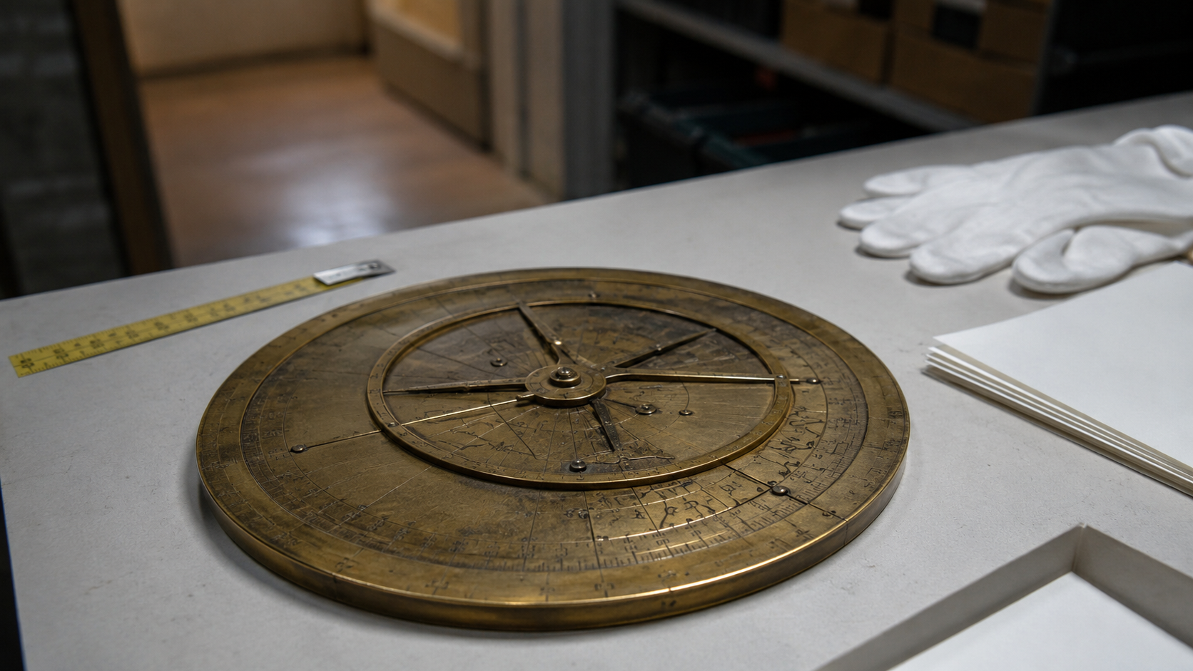 Measured brass object treated as evidence FACEBOOK ANGLE: A brass astrolabe-like object found in an attic seemed less like an antique than a witness when it repeatedly turned toward a sealed room. FACEBOOK VISUAL MOMENT: The tarnished brass disk lying flat on attic floorboards, its marked edge aimed at a wall the family had never opened. FACEBOOK SHORT SUMMARY: In the Bellweather attic, an old brass astrolabe-like instrument was found among ordinary storage. When placed flat, it reportedly settled toward a sealed upstairs room from multiple positions. Appraisers admired the metalwork but could not explain the underside scratches, and the owners eventually handled it less like a collectible and more like a preserved clue.