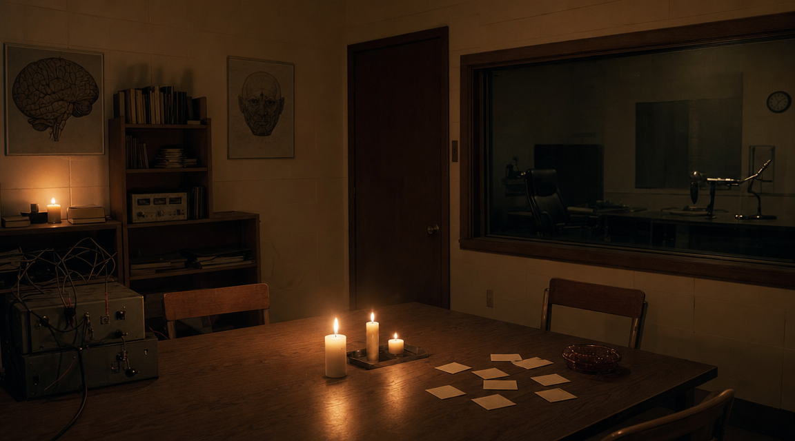 A candlelit psychology test room with blank cards