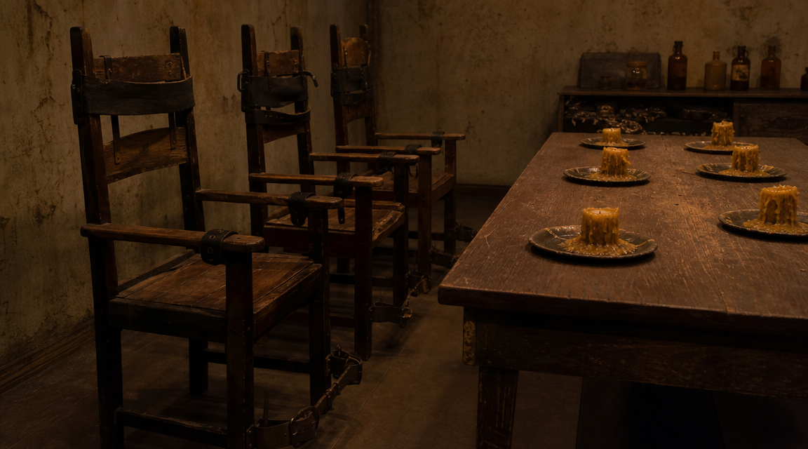 Old chairs facing a candlelit experiment table