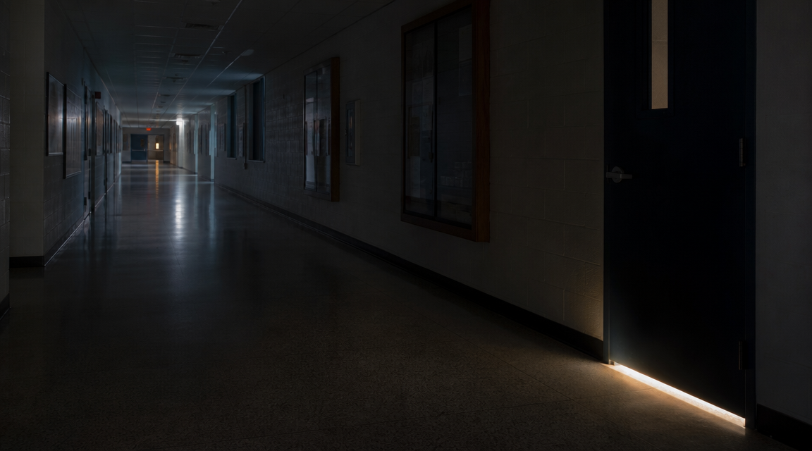 An empty corridor outside the memory lab FACEBOOK ANGLE: A candlelit memory experiment was stopped when volunteers recalled the same object before it was shown. FACEBOOK VISUAL MOMENT: The blown-out candle on a table of blank cards while every response sheet describes the same unseen object. FACEBOOK SHORT SUMMARY: A small university study asked volunteers to remember objects under candlelight. The surviving notes describe matching answers, smoke smells after the candles were out, and a final session halted before the test ended.