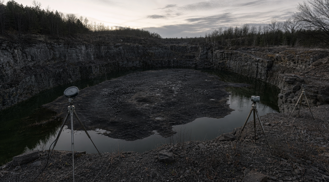 Survey tripods pointed toward a black quarry pit