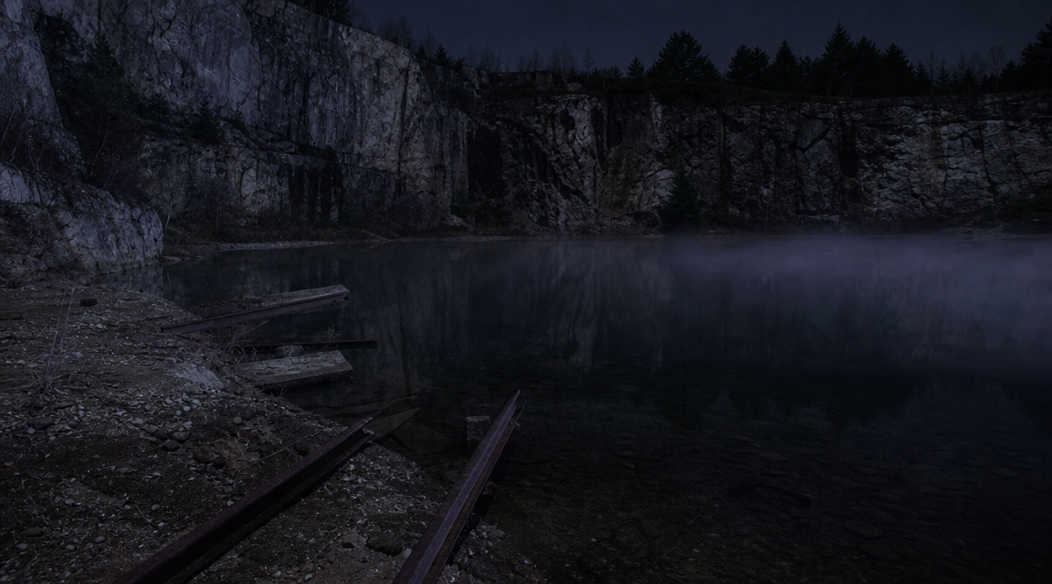 Violet haze over dark quarry water