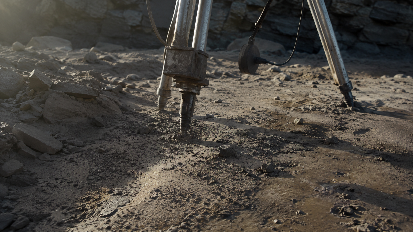 Undisturbed dust around quarry tripod foot