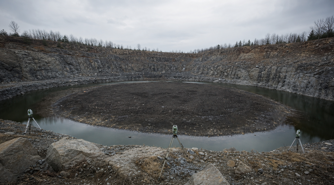 Black quarry pit circled by inward pointing instruments