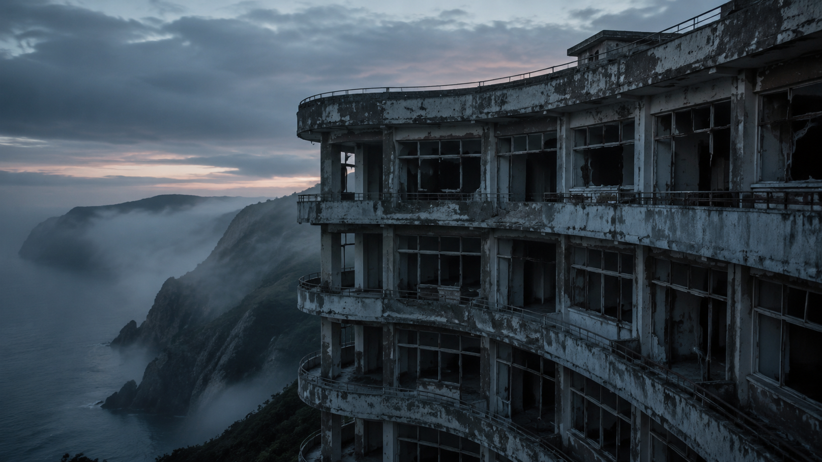 Abandoned sanatorium above misty coastal cliffs