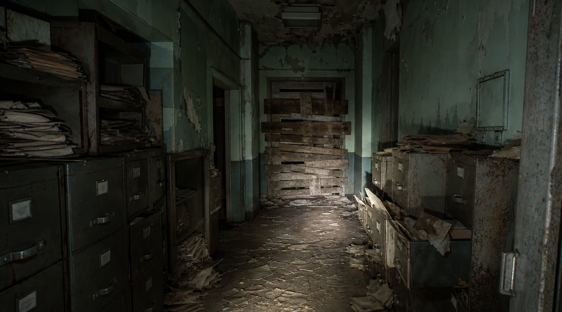 Peeling records corridor with blocked doorway