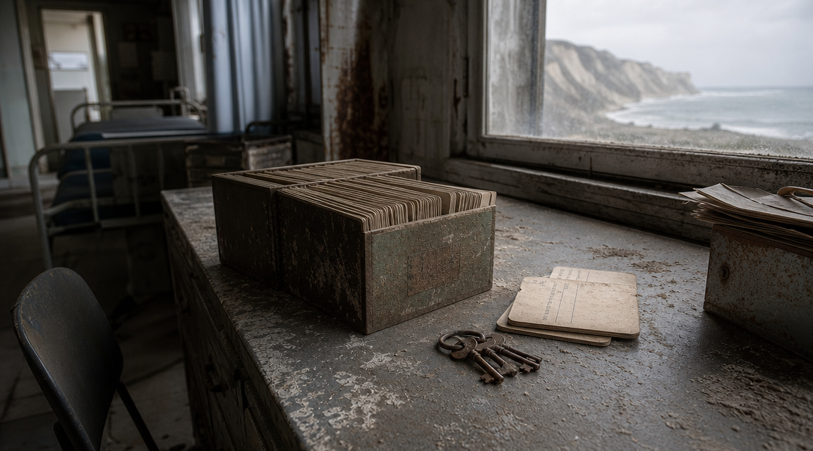 Dusty index cards beside fogged window FACEBOOK ANGLE: Night volunteers kept returning to one blocked records doorway because their logs described the same dark figure without agreeing on why it was there. FACEBOOK VISUAL MOMENT: A flashlight beam reaches the boarded records doorway just as a dark human-shaped silhouette appears along the edge of the frame. FACEBOOK SHORT SUMMARY: An abandoned cliffside tuberculosis sanatorium became a local mystery after volunteers working at night in its records wing reported a dark figure near a blocked doorway. The details remain cautious and unproven, but repeated notes about cold air, displaced files, and an inaccessible room made the story difficult to dismiss completely.