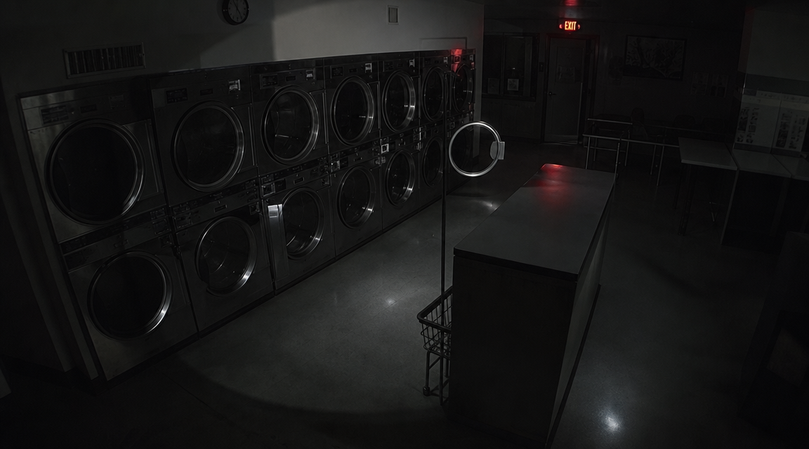 A closed laundromat with one dryer door open in the dark.
