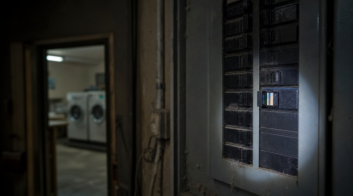 A switched-off breaker panel inside a laundromat utility room.