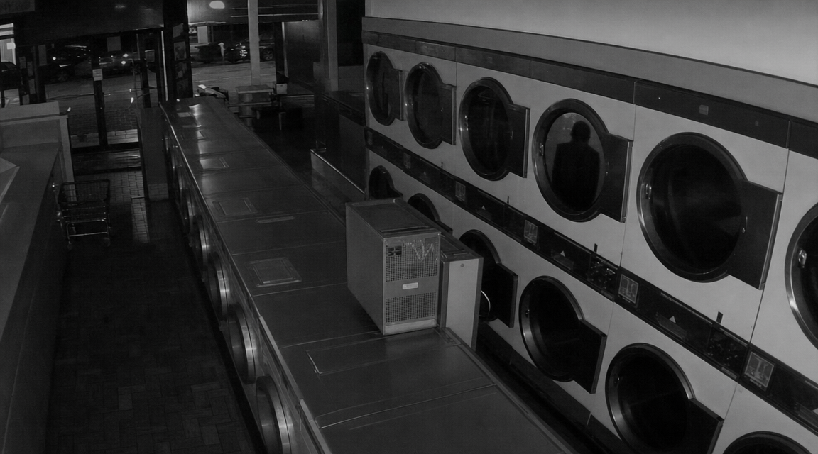 A faint dark reflection appears in a laundromat dryer door.